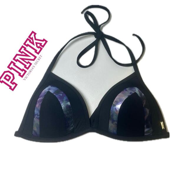 VICTORIA SECRET PINK BIKINI TOP TRIANGLE PUSH UP PADDED SZ L BLACK METALLIC BLUE - Picture 1 of 9